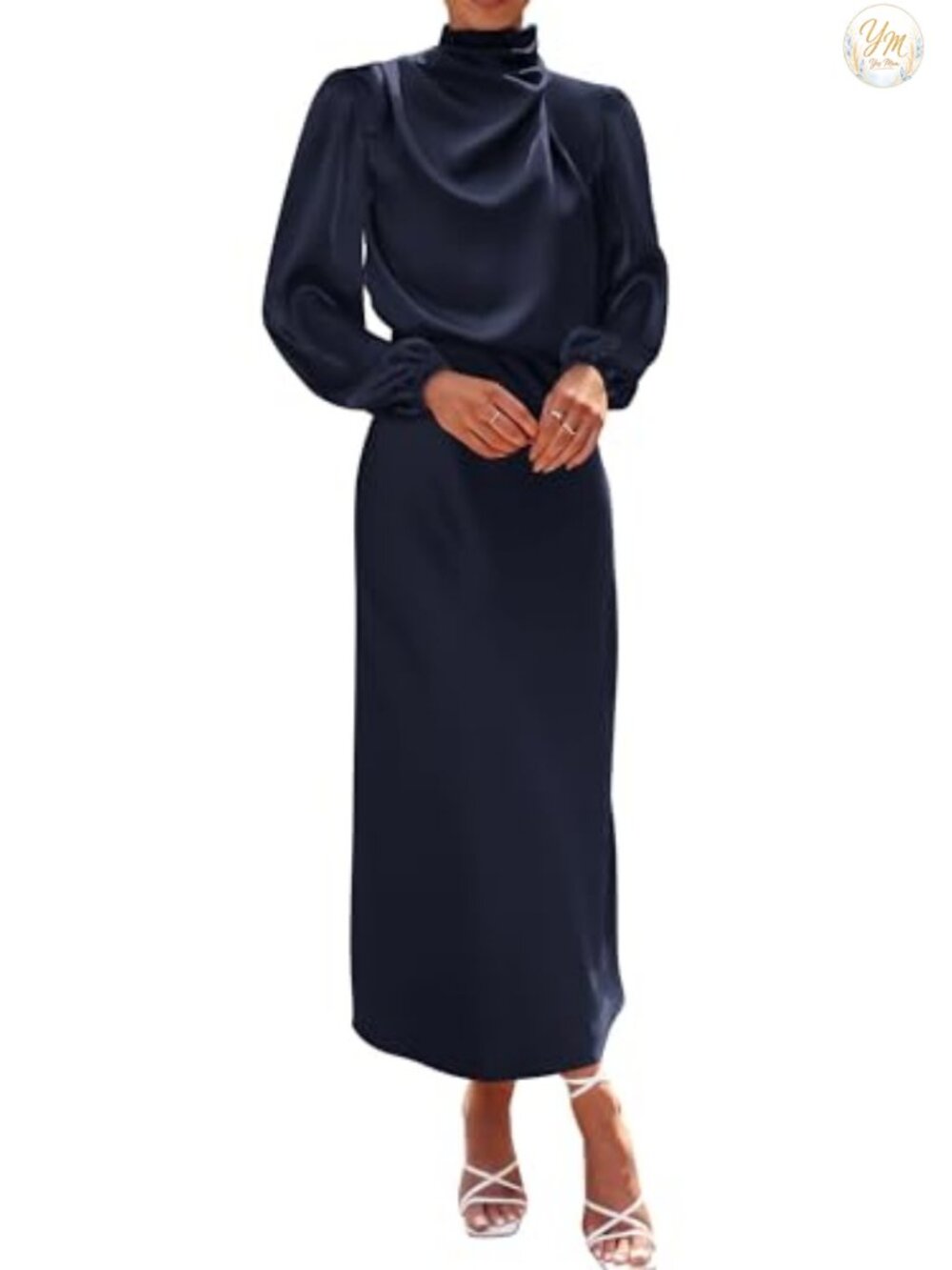 Satin Mock Neck Maxi Dress Formal Long Sleeve Pleated